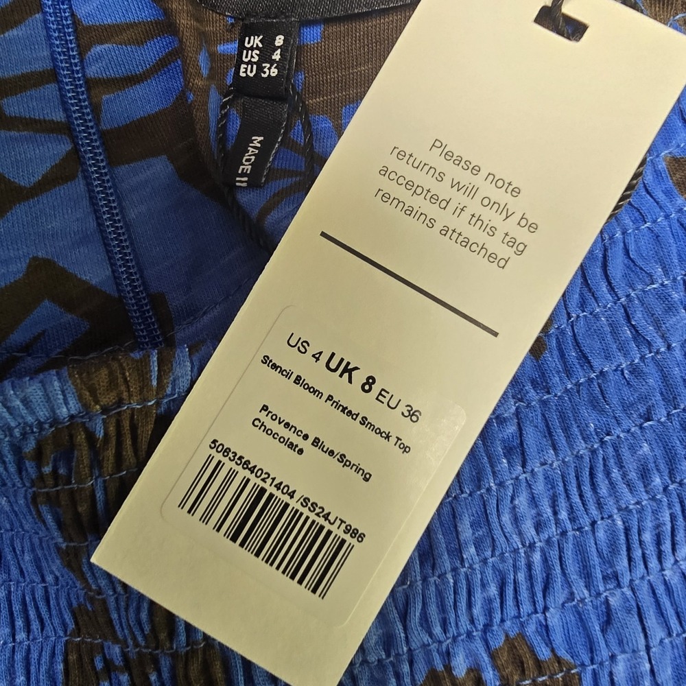 ME+EM Stencil Bloom Print Smocked Top Size 4 Blue Ruffle Provence Womens NWT - Picture 8 of 11
